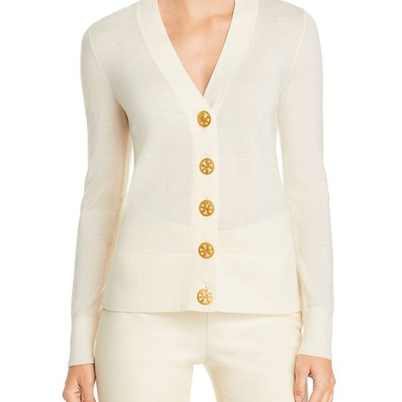 Tory Burch Simone merino wool cream button down cardigan - Picture 1 of 5